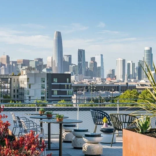 Rooftop Terrace with barbecue grills, fire pits and outdoor TVs set against views of the city skyline